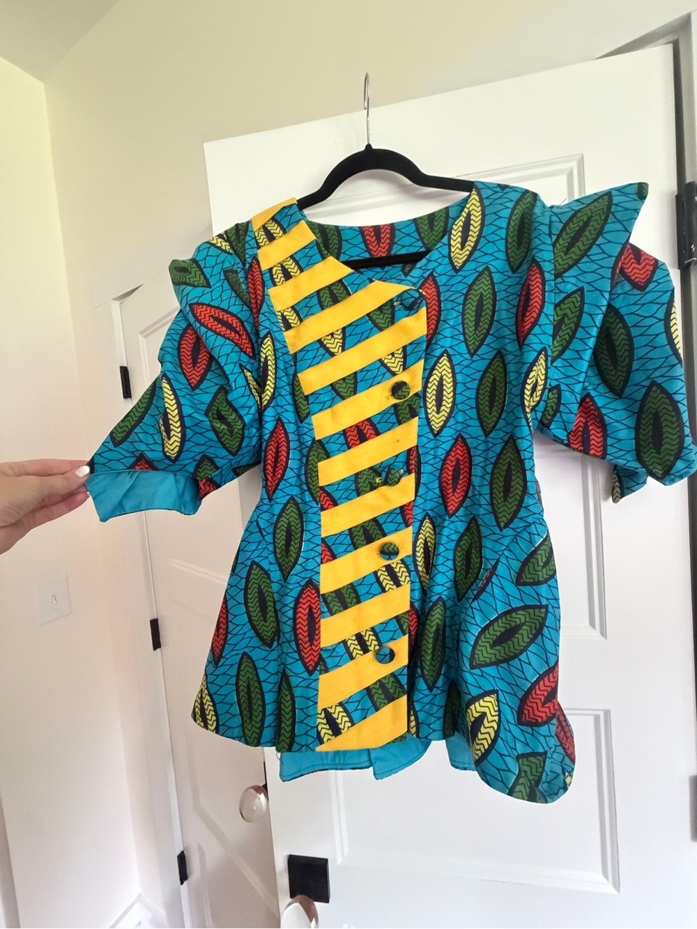 Women's vintage Ankara Button-Down Peplum Top in Turquoise with Yellow Accent